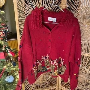 VINTAGE Red Reindeer‎ Embellished Christmas Sweater cardigan